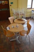 Three Steel Framed Circular Tables, with eight steel framed stand chairs