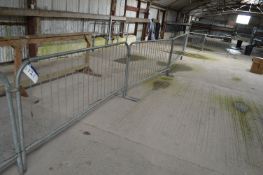 Five Galvanised Steel Fence Panels, with feet base plates, each approx. 2.4m long