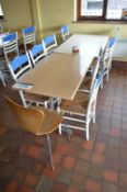 Two Steel Framed Canteen Tables, with nine wood framed stand chairs