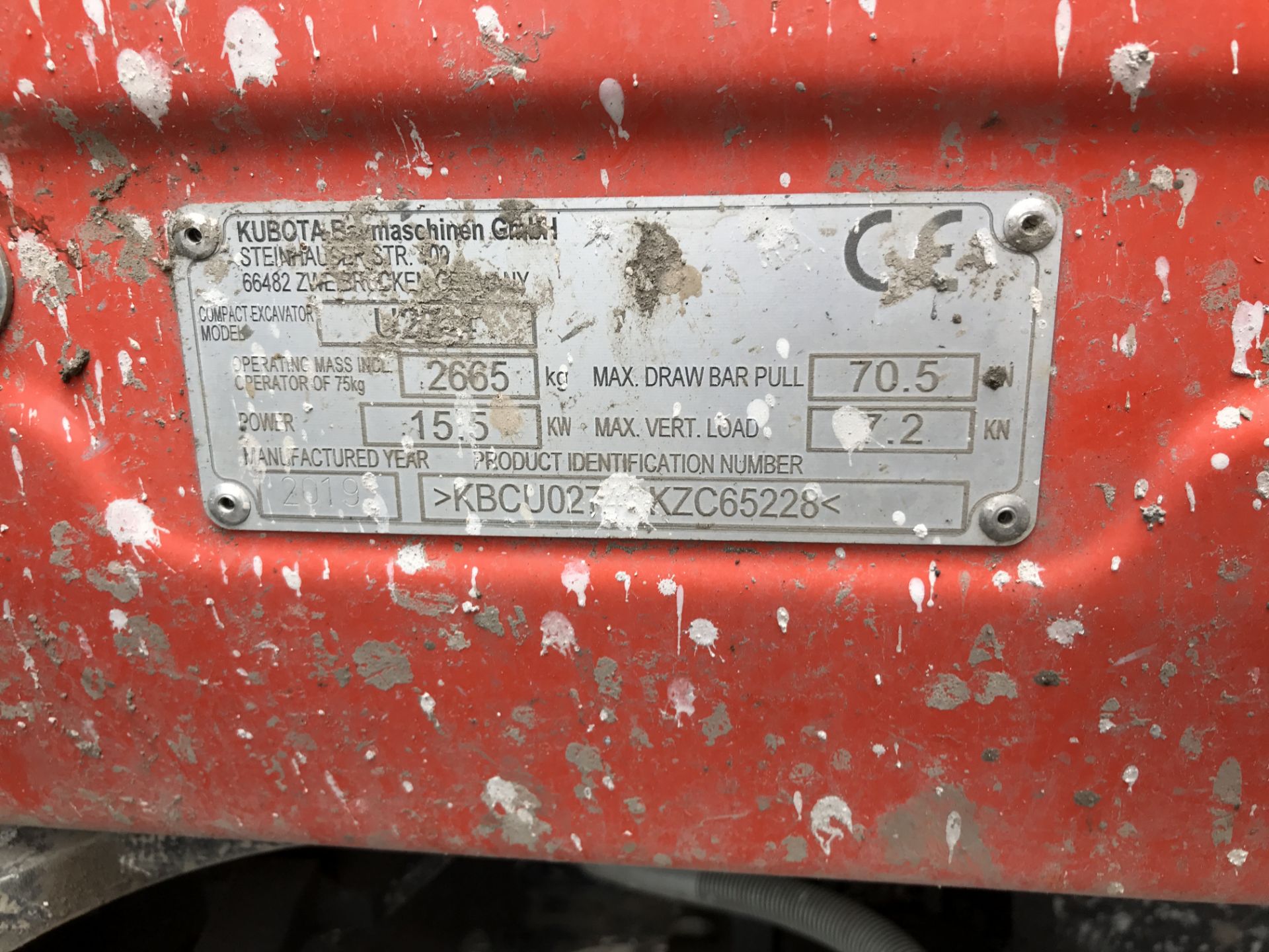 Kubota U27-4 Tracked Mini Excavator, identification no. KBCU0274_KZC65228, year of manufacture 2019, - Image 7 of 7