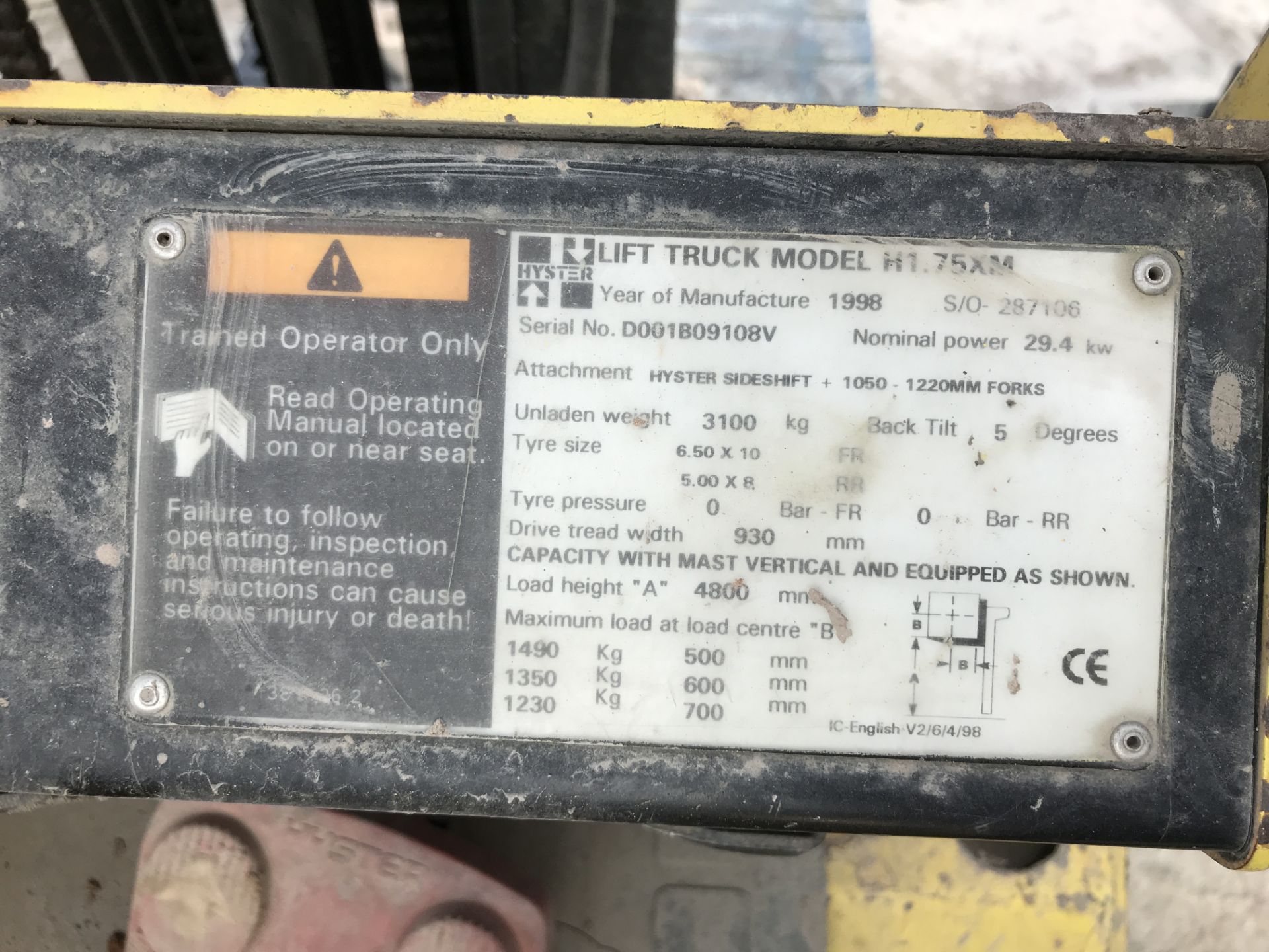 Hyster H1.75XM LPG Fork Lift Truck, serial no. D001B09108V, year of manufacture 1998, indicated - Image 3 of 5