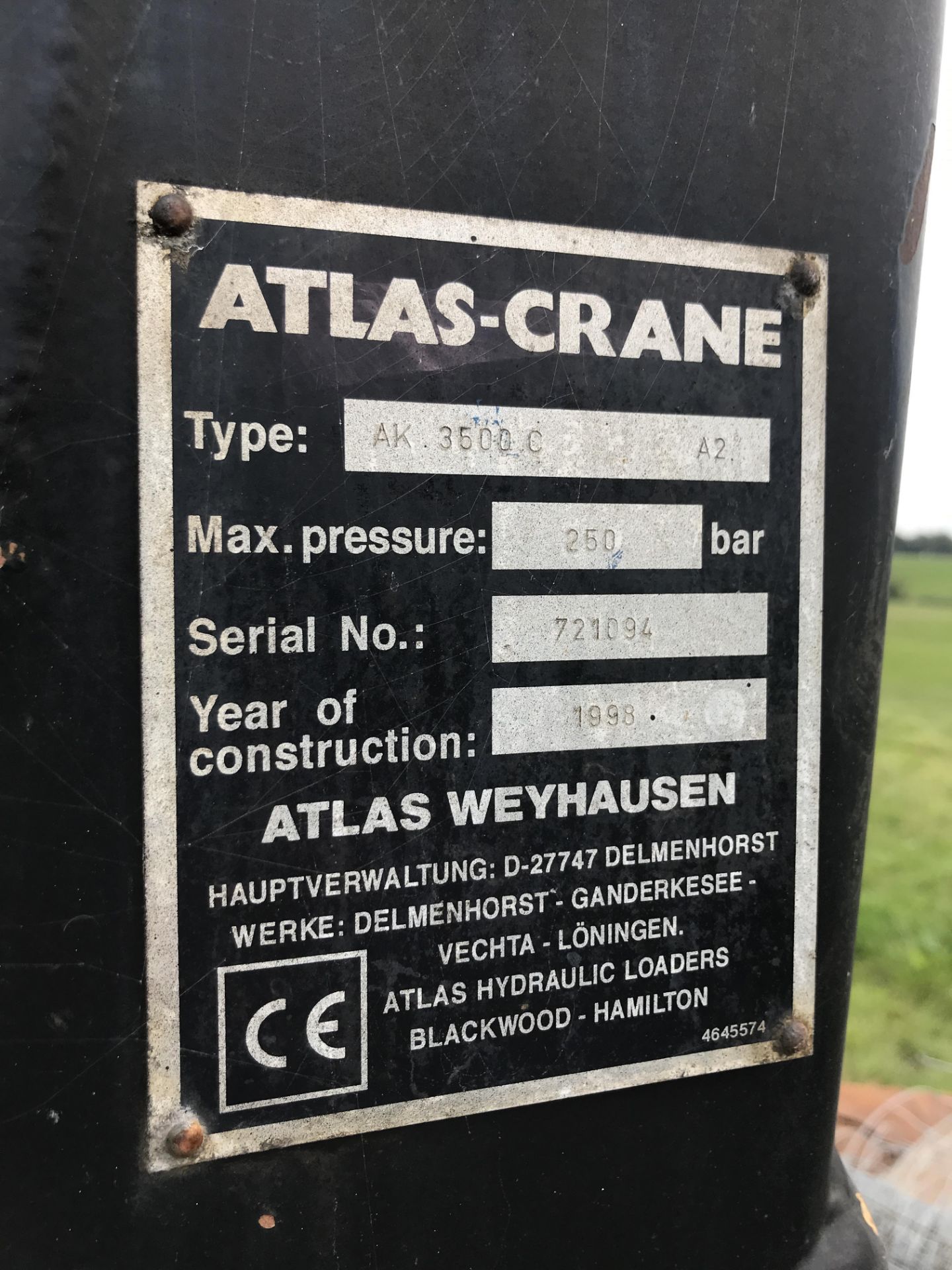 Atlas Crane AK 3500 C Hydraulic Crane, serial no. 721094, year of manufacture 1998, 250bar max - Image 2 of 2