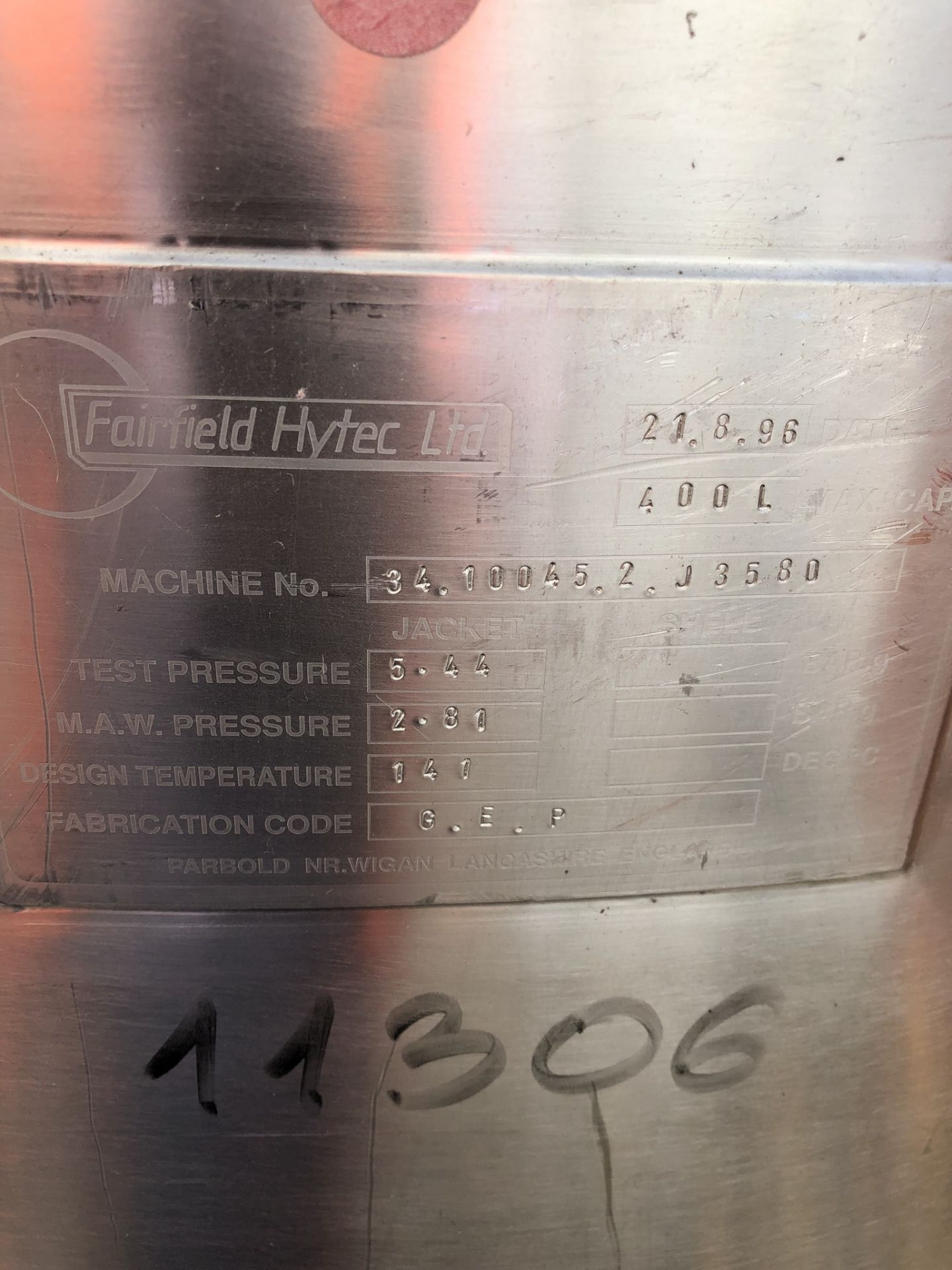 Fairfield Hytec 400L Jacketed Tank, machine no. 34.10045.2.J3580, year of manufacture 1996, 1m - Image 3 of 3