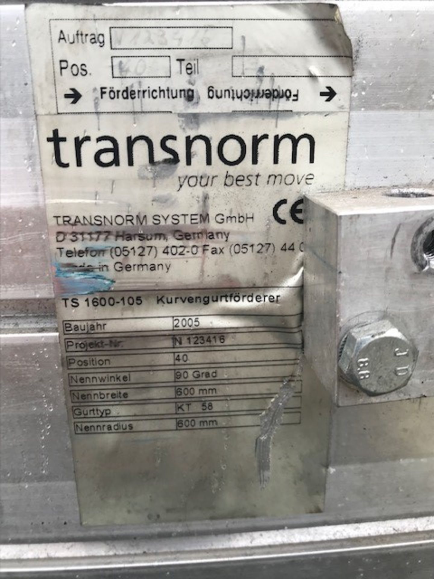Transnorm TS 1600-105 90 degrees Belt Conveyor, al - Image 3 of 5