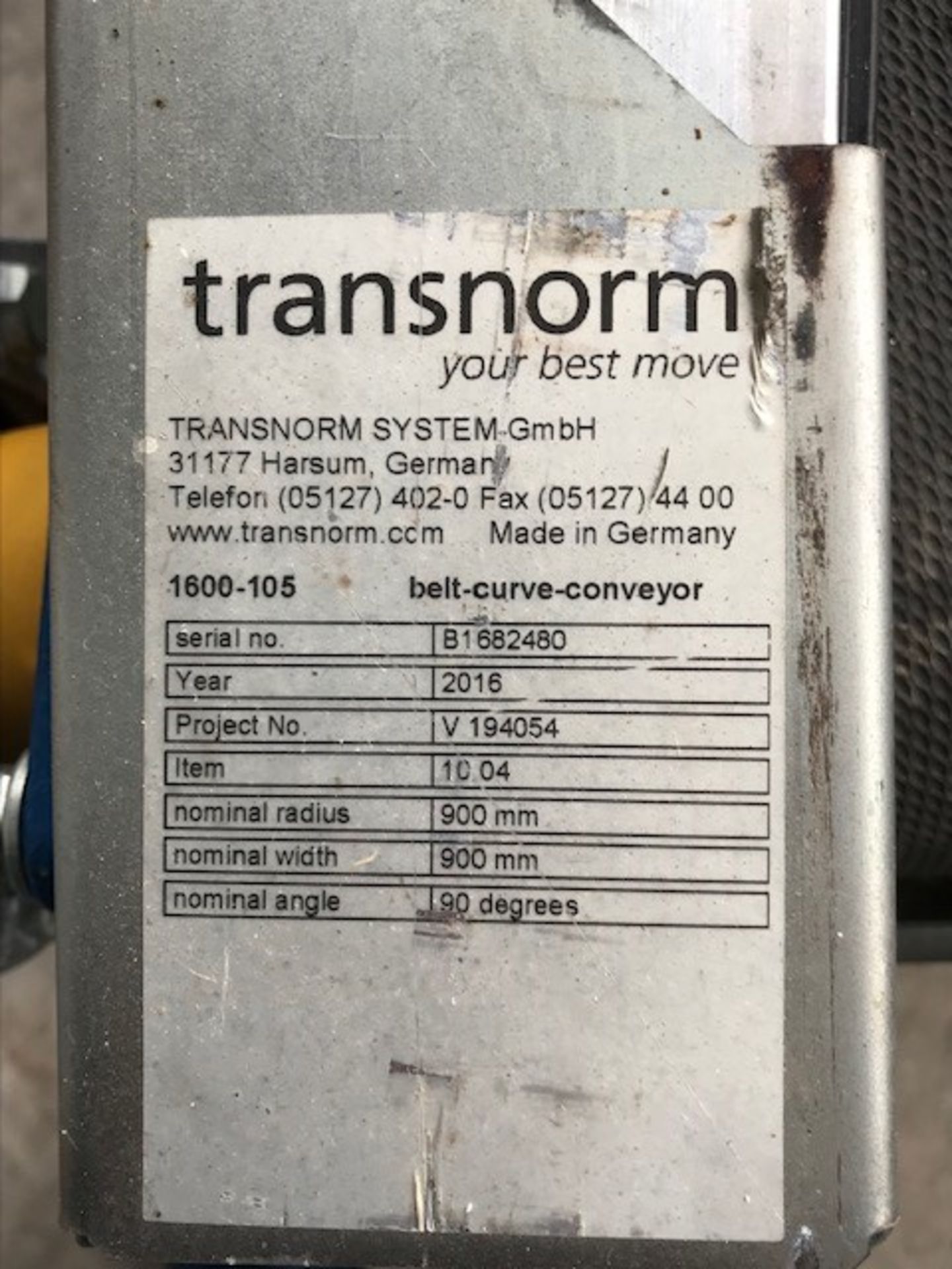 Transnorm 1600-105 90 degree Belt Conveyor, serial - Image 2 of 2