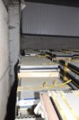 Interroll 590mm wide (on belt) FLAT BELT CONVEYOR, year of manufacture 2016, (unused), approx. 50m