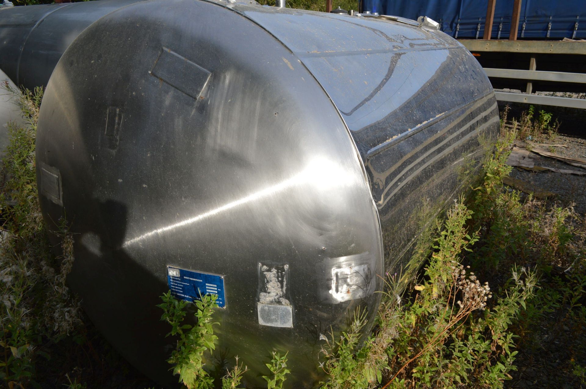 STAINLESS STEEL HORIZONAL STORAGE TANK, serial no. 39-5-04, approx. 1.3m dia. x 2m long, with - Image 2 of 4