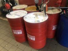 Five Petronas Selenia Part Oil Drums, with manual barrel pumps