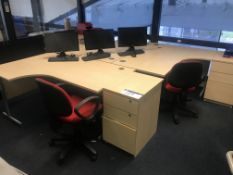 Three Cantilever Framed Desks, with four desk pedestals, three fabric upholstered armchairs, three