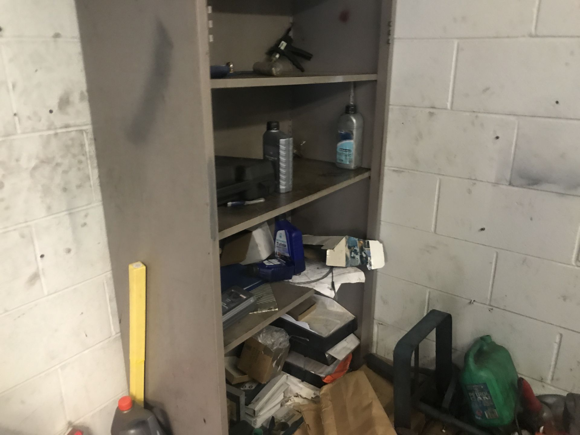 Contents of Store Room, including lubricants, plastic canisters, stock rack, trolley and vehicle - Image 3 of 5