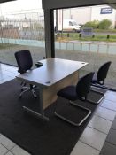 Curved Front Cantilever Framed Desks, with three fabric upholstered stand chairs