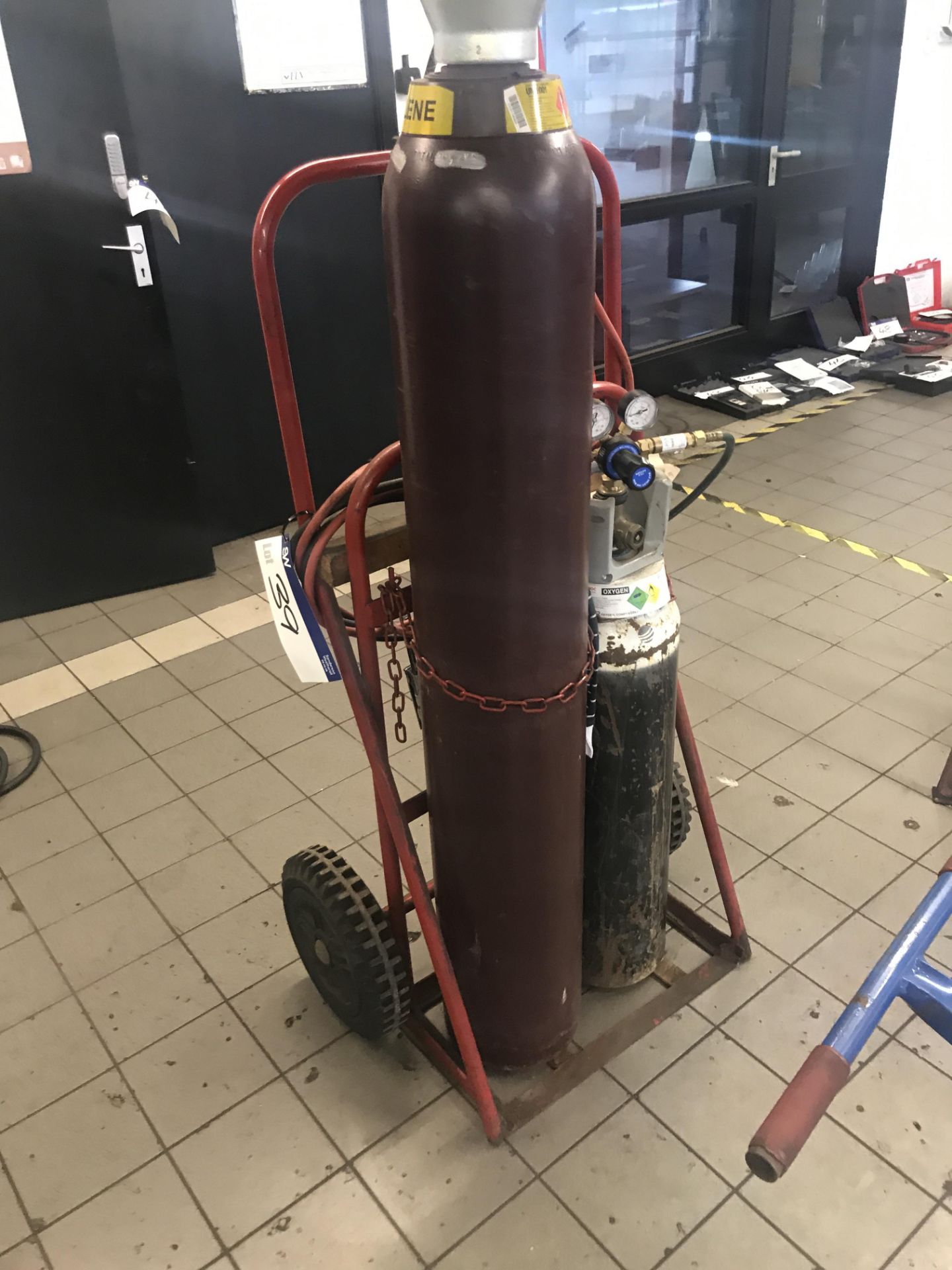 Oxy-Acetylene Bottle Trolley, with gauges and pneumatic hoses (bottles excluded)