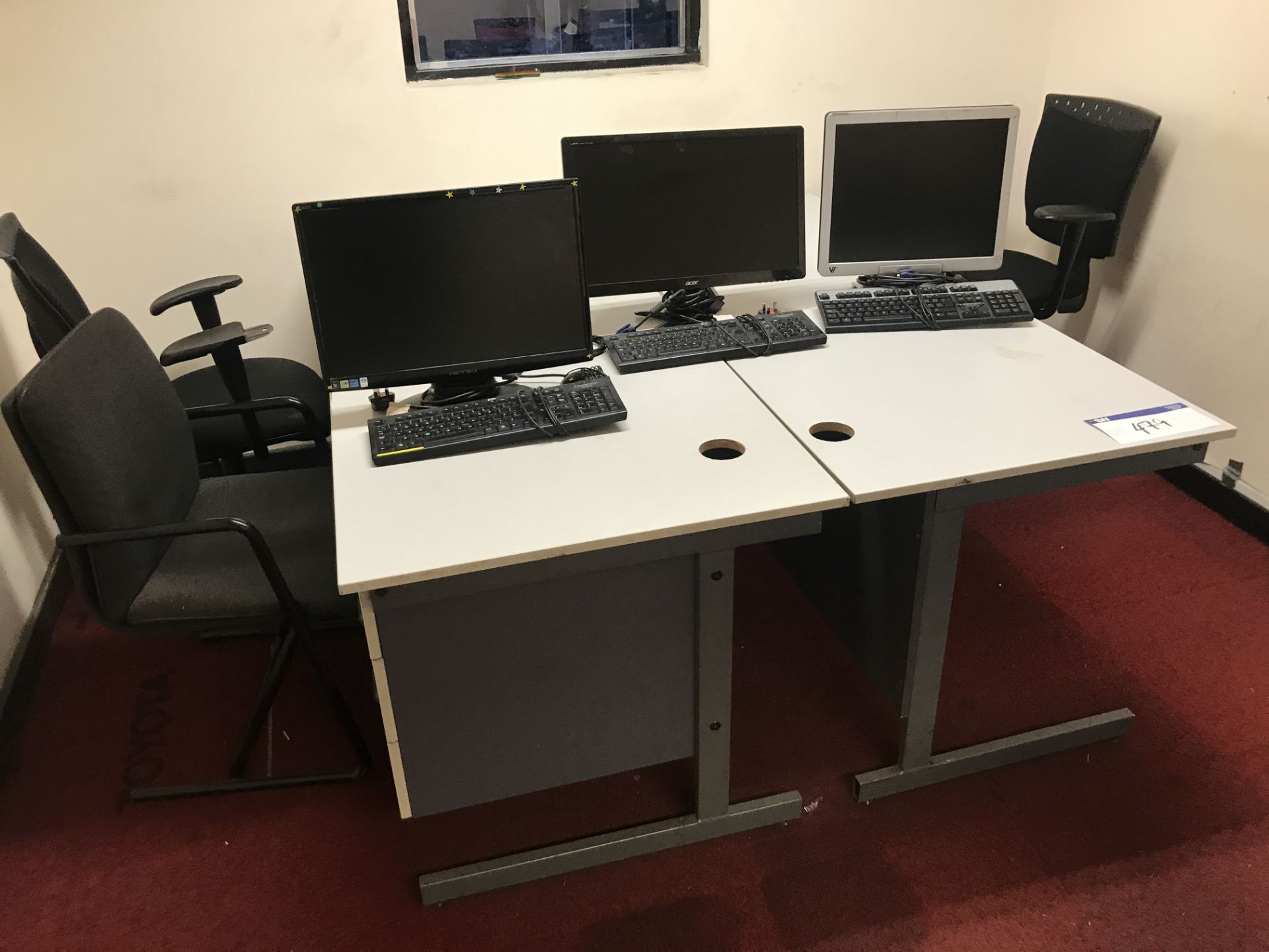 Two Cantilever Framed Desks, Three Fabric Upholstered Chairs, Three Flat Screen Monitors,