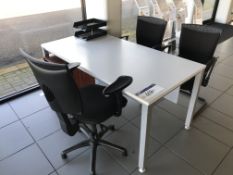 Steel Framed Table, Three Fabric Upholstered Chairs and Desk Pedestal