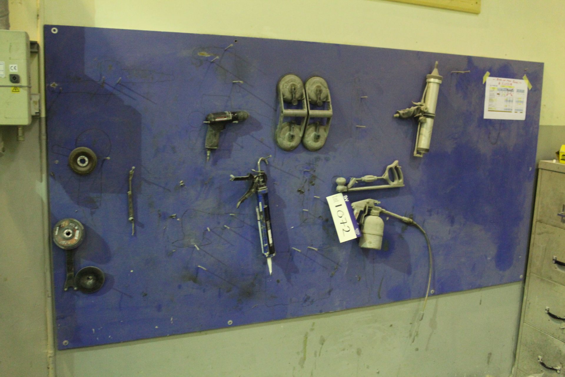 Assorted Hand Tools, as set out on wall rack (lot