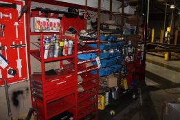 Five Multi-Tier Workshop Racks, with contents, inc