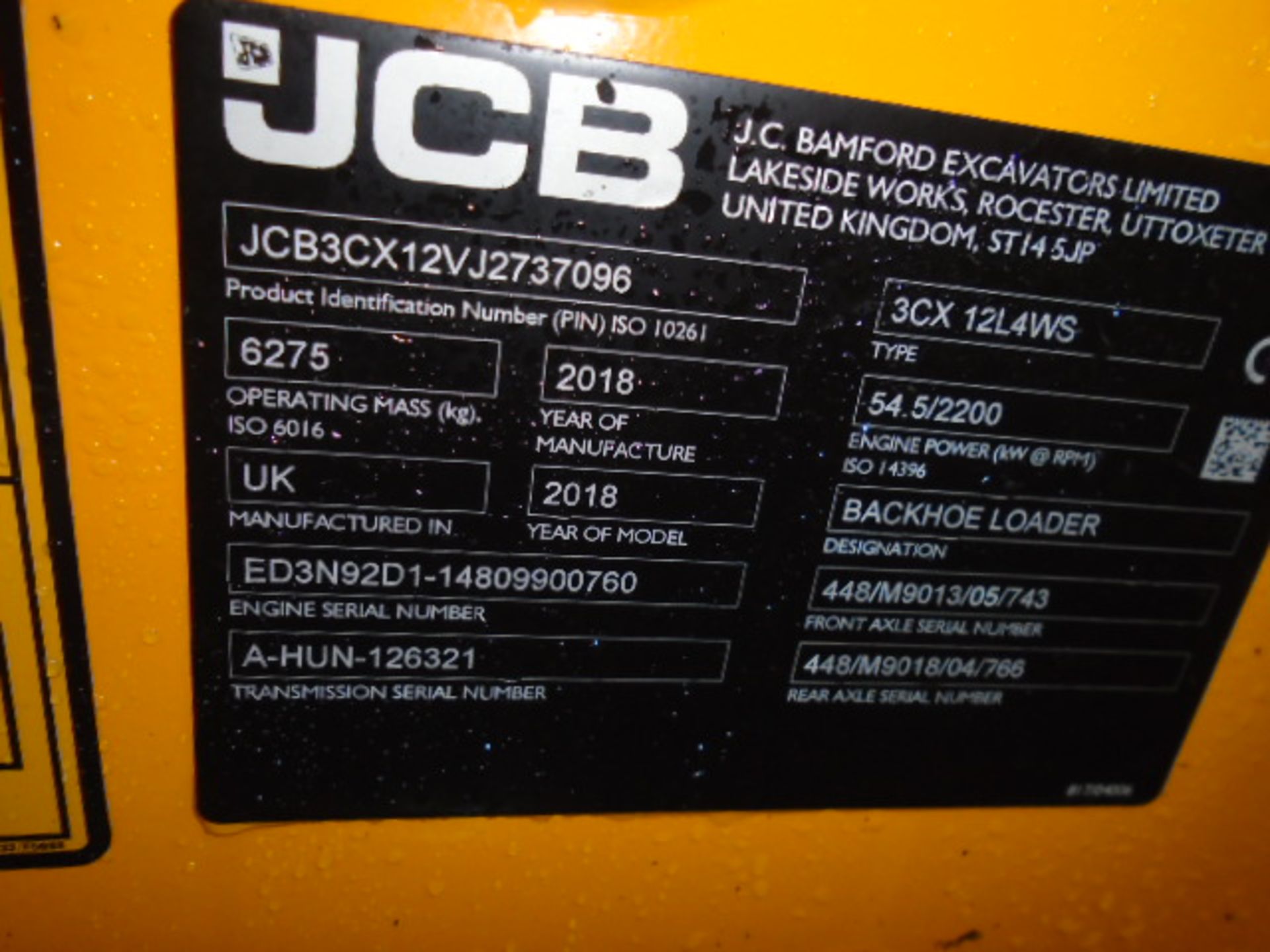 JCB 3CX 12L4WS Compact Backhoe Loader, serial no. - Image 6 of 7