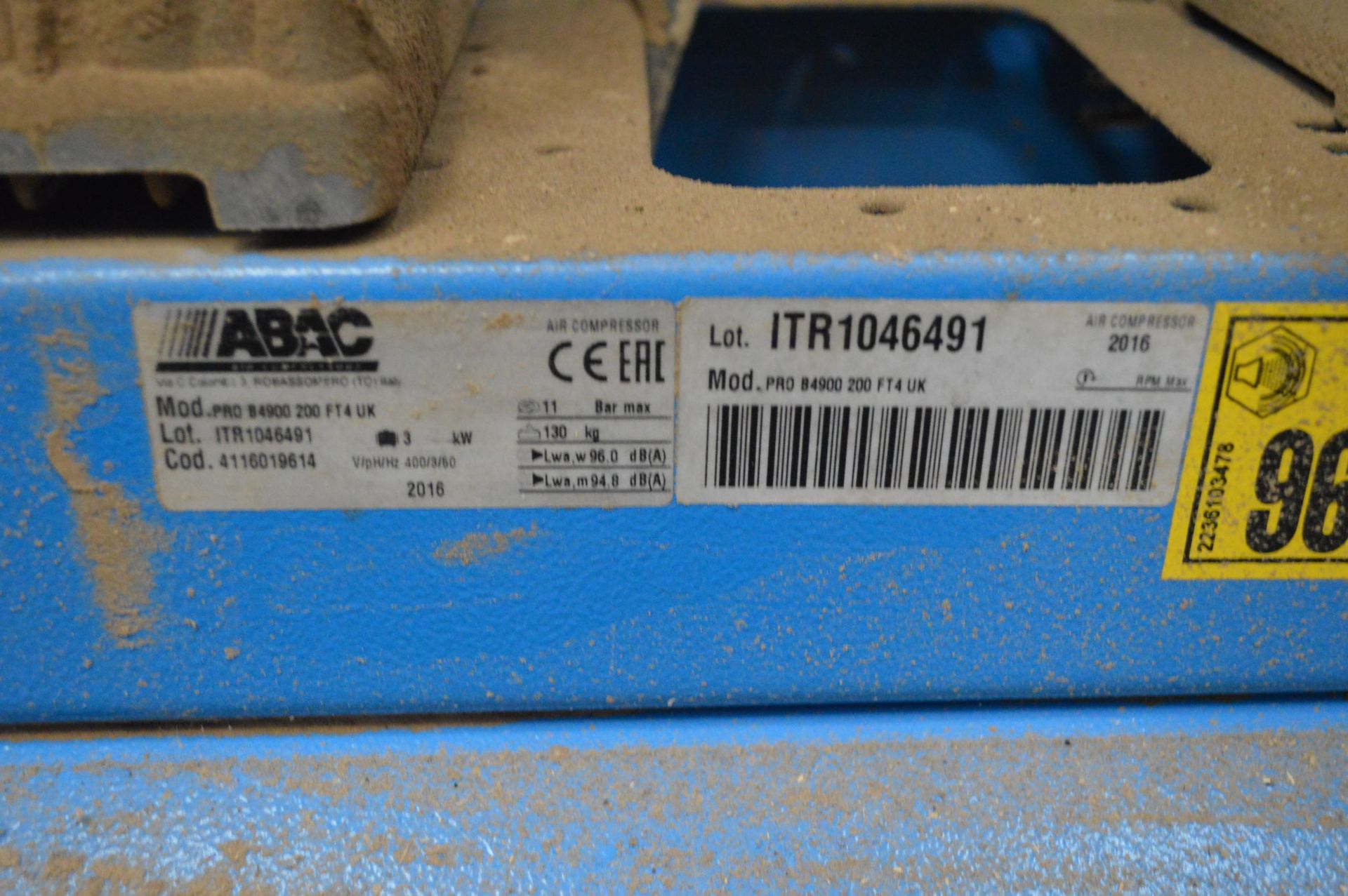 Abac PRO B4900 200 FT4UK Horizontal Receiver Mounted Air Compressor, serial no. ITR1046491, year - Image 2 of 2