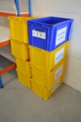 Seven Yellow Plastic Stacking Boxes & One Blue Plastic Stacking Box