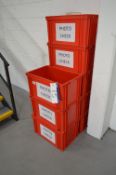 Eight Red Plastic Stacking Boxes