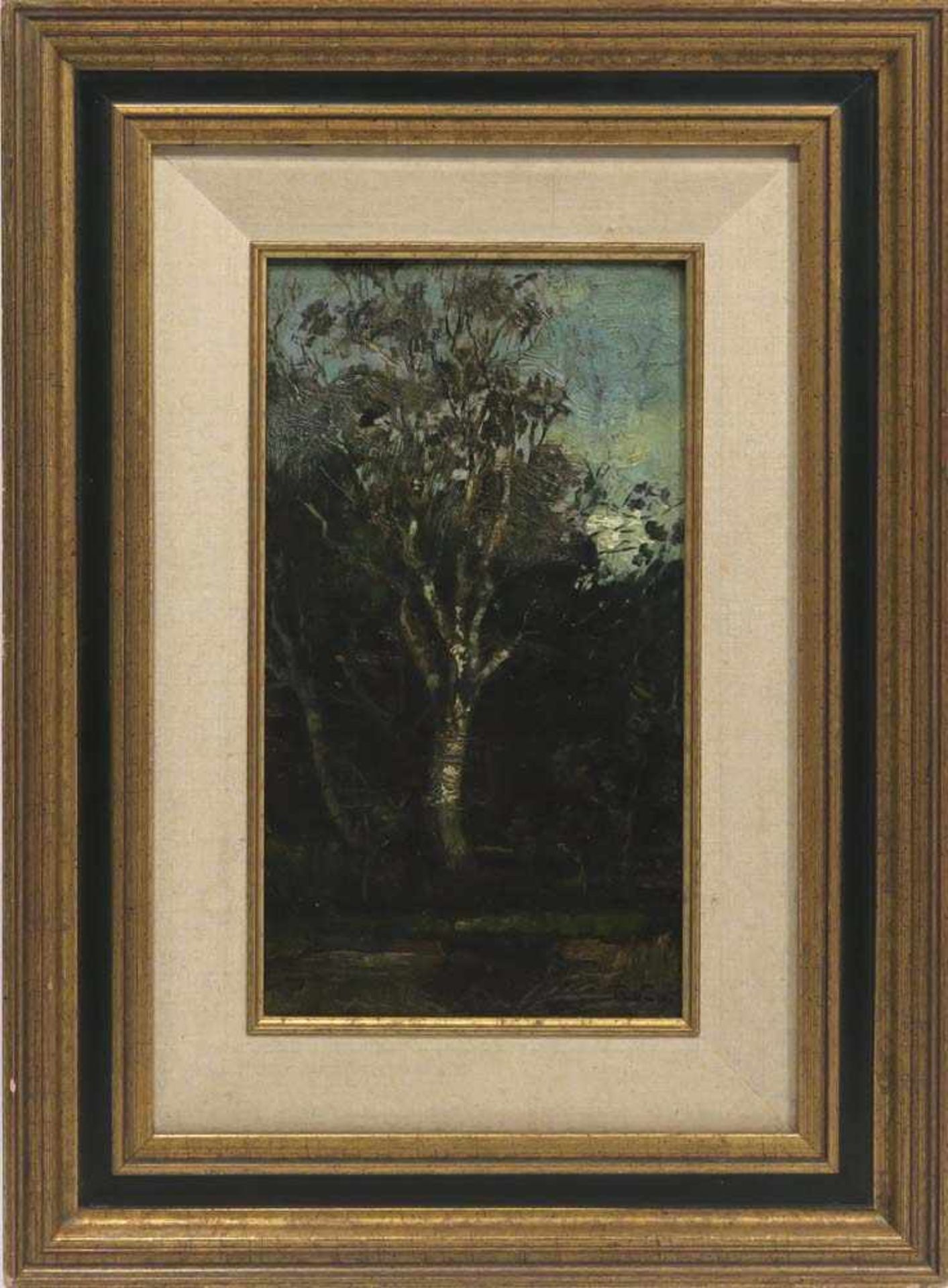 Bock, Théophile de1851 Den Haag - 1904 HaarlemWaldstück mit BirkeÖl/Holz. 29 x 16,5 cm. R. u.
