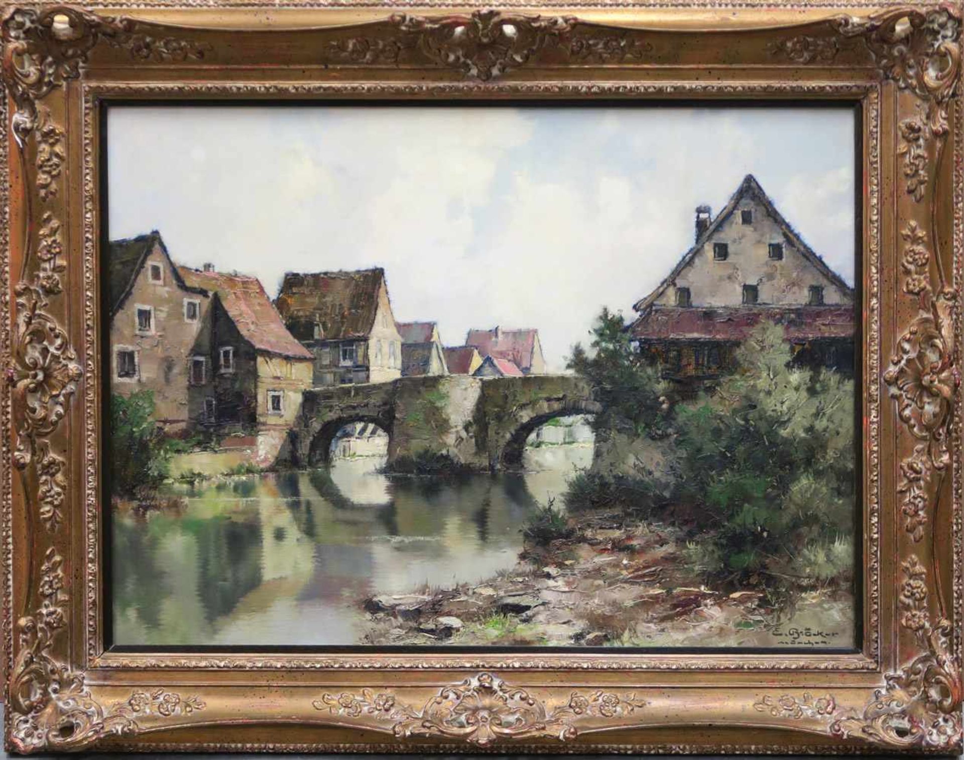 Bröcker, Ernst1893 München - 1963 ebd.Alte Brücke in Harburg an der WörnitzÖl/Lwd. 44 x 59,5 cm.