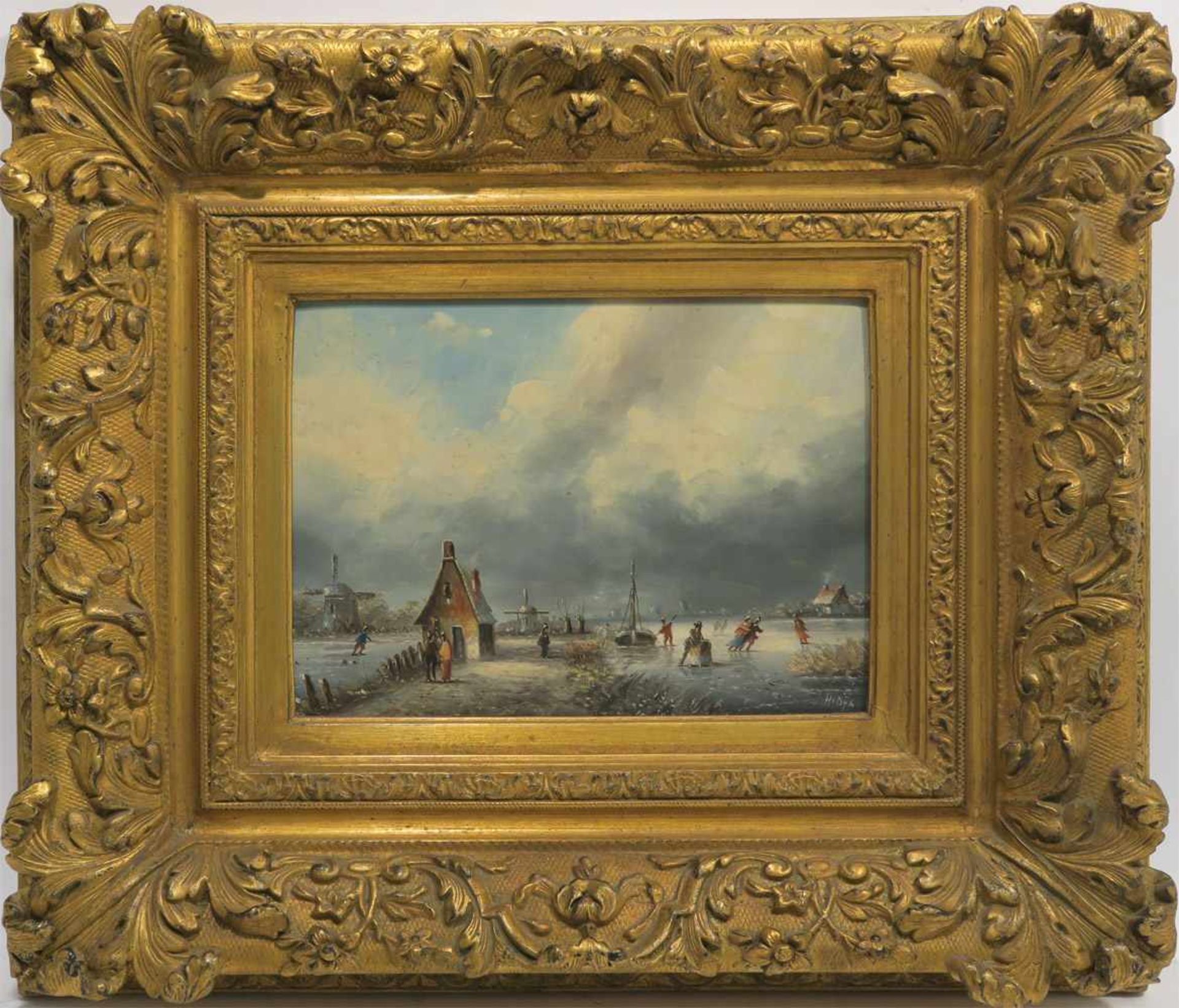 Dyk, Hendrik van*1922EisvergnügenÖl/Holz. 21,5 x 29 cm. R. u. signiert. Fleckig. Rahmen.