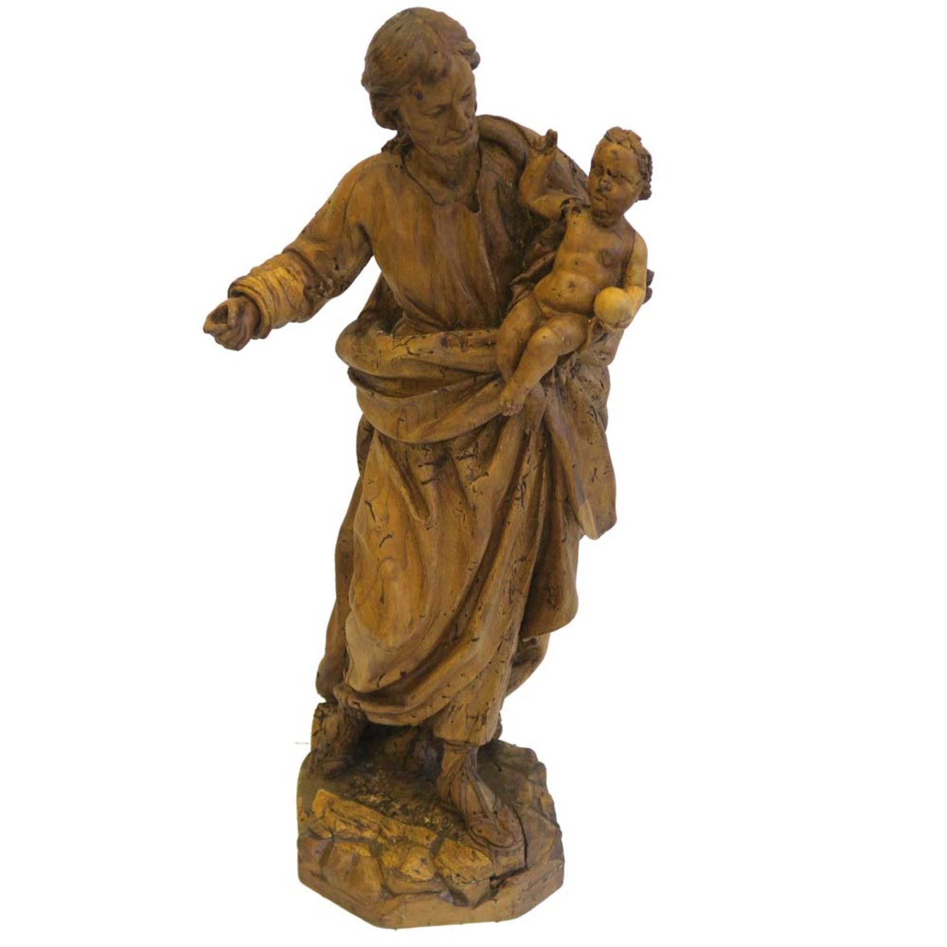 Hl. Josef mit dem JesuskindWohl um 1800. Holz, geschnitzt, ehemals gefasst. Rest., erg., besch.,