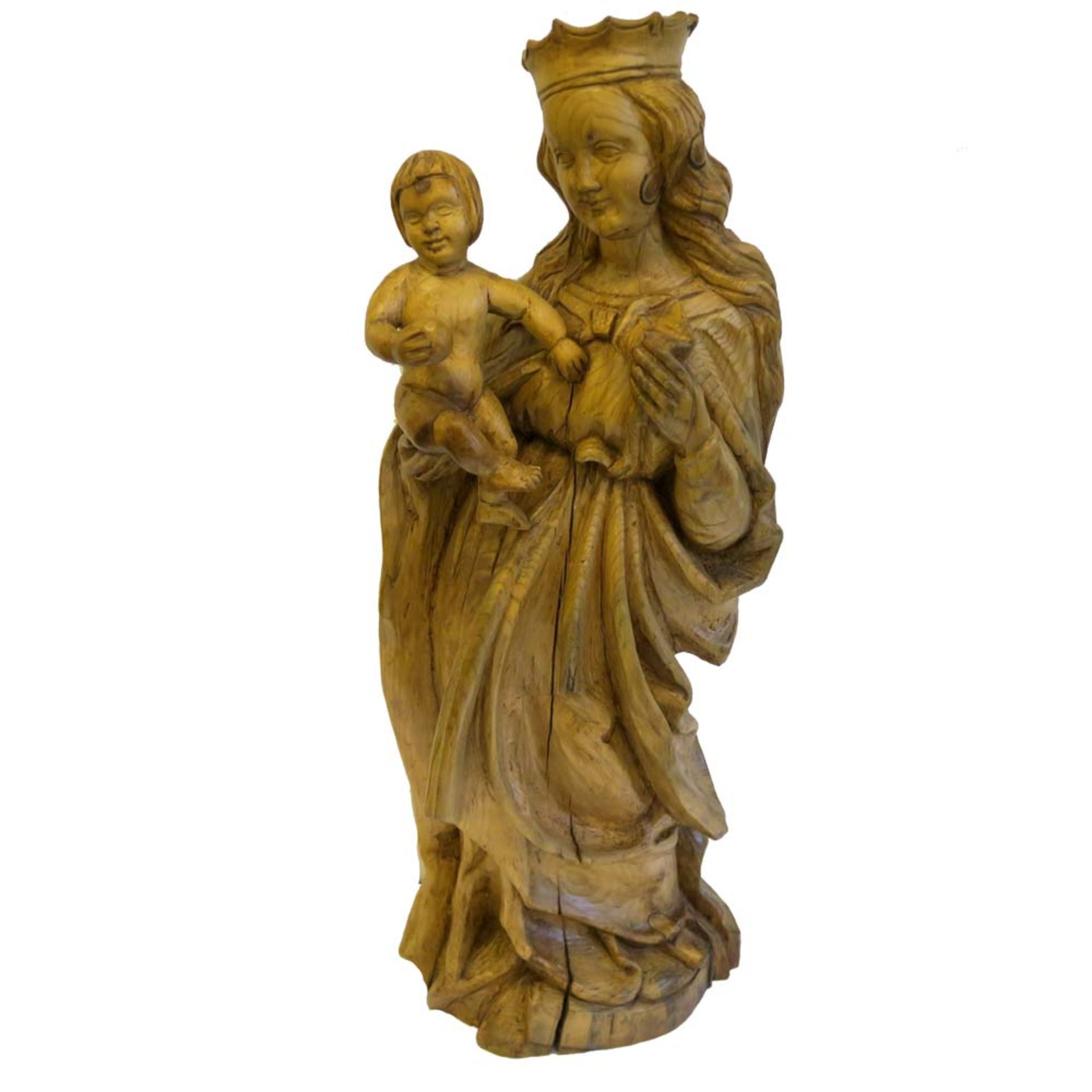 Madonna mit KindHolz (Zirbe), geschnitzt, ungefasst. Besch. H. 85 cm.