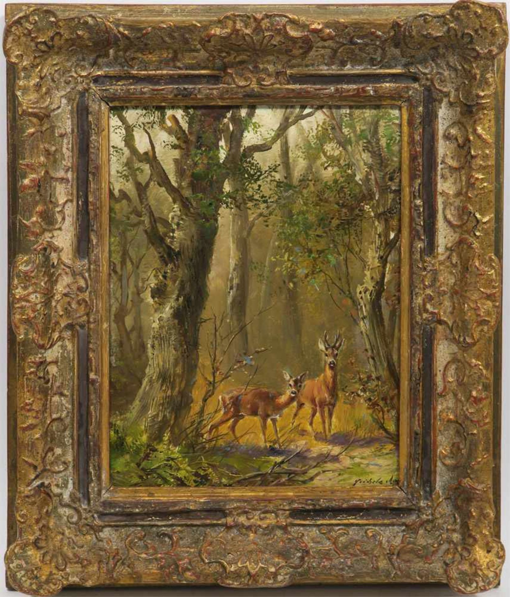 Heichele, Max1. Hälfte 20. Jh.Reh und Rehbock im WaldÖl/Hartfaser. 24 x 18 cm. R. u. signiert.