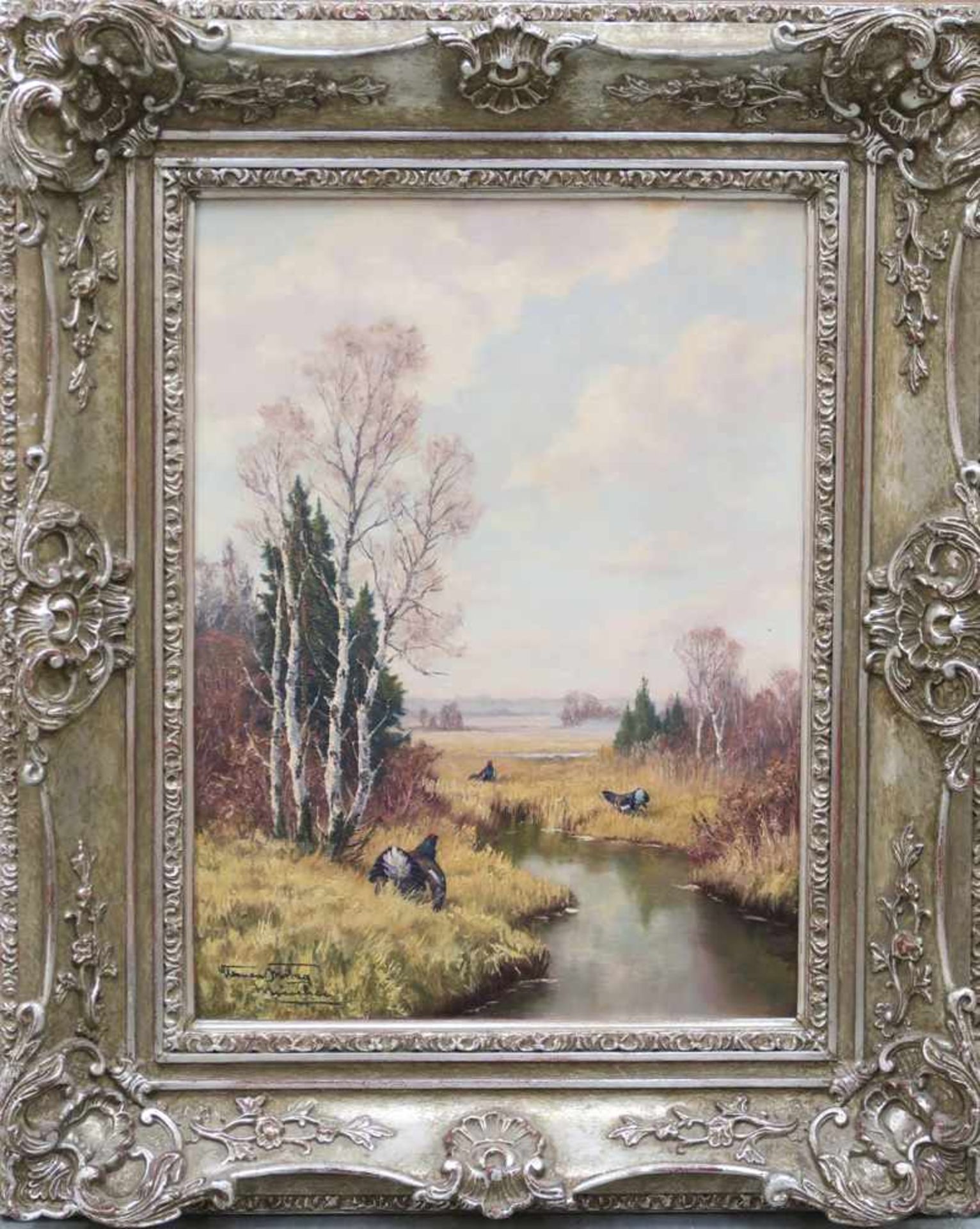 Freitag, Clemens1883 Heisingen - 1969 MünchenLandschaft mit AuerhähnenÖl/Hartfaser. 39,5 x 30 cm. L.