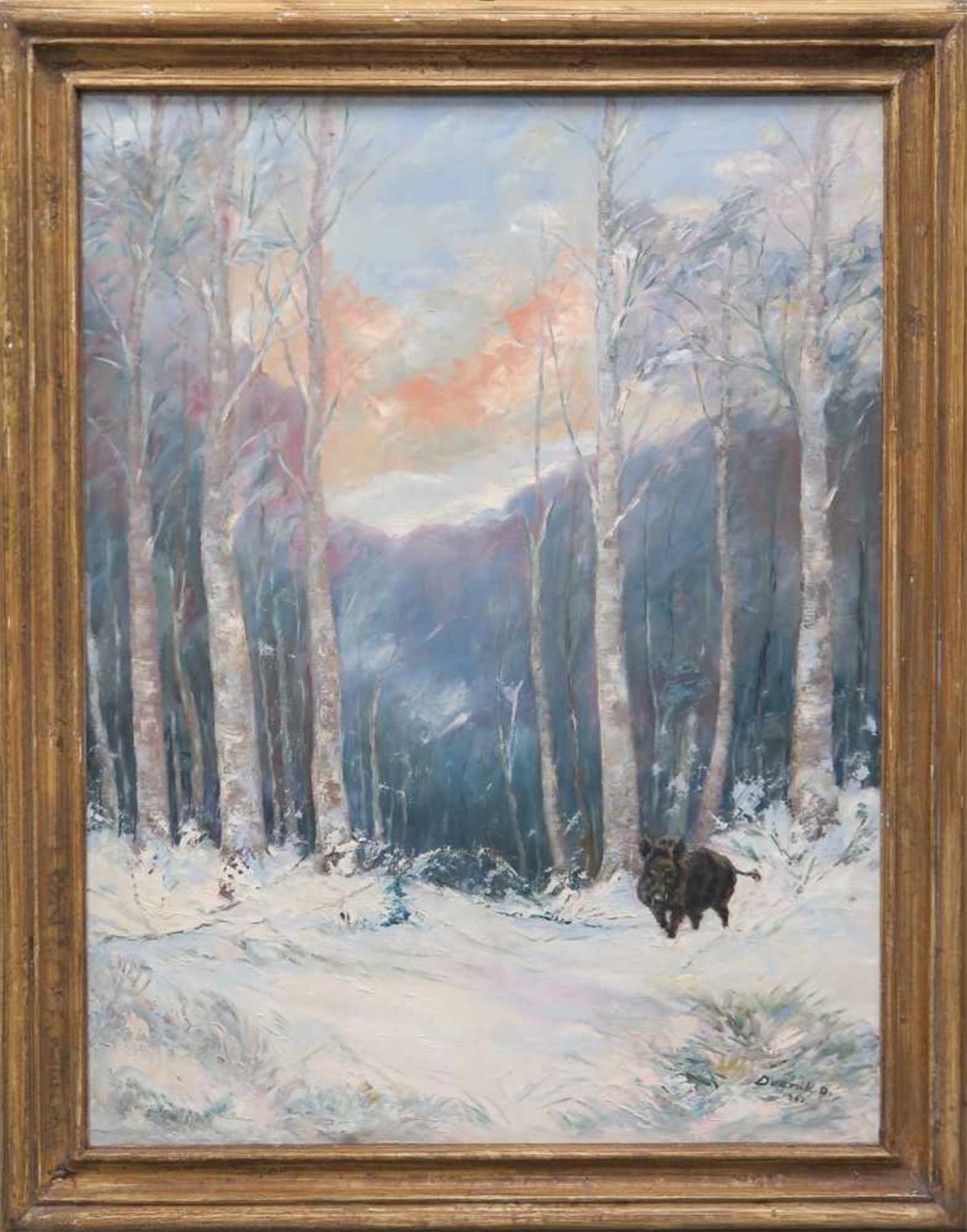 Dvorák, Oskar Franz1899 Znaim - 1969 ebd.Wildschwein im WinterwaldÖl/Lwd. 98 x 75 cm. R. u. signiert