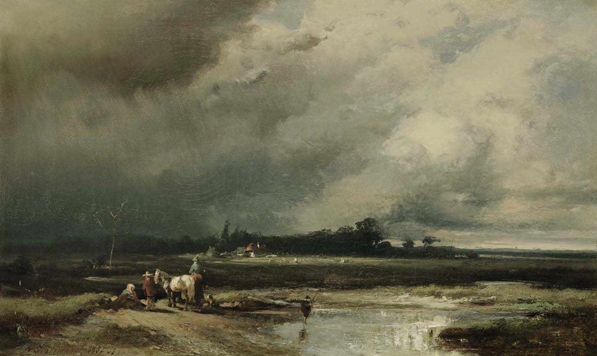 Deutsch19. Jh.Gewitterlandschaft mit rastenden BauernÖl/Lwd. 27,5 x 44,5 cm. L. u. bez. "A.