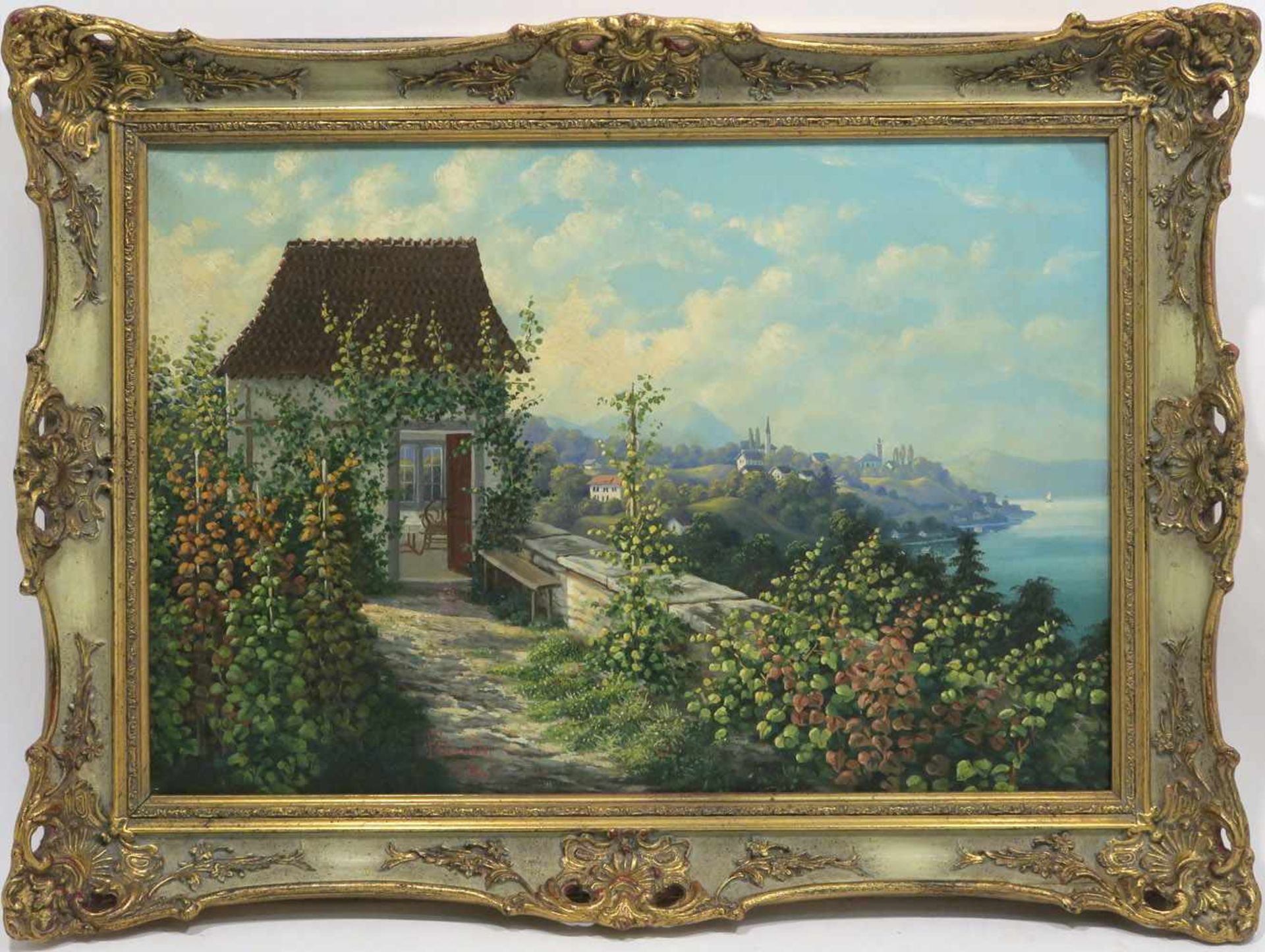 Corroldi, F.19./20. Jh.Terrasse mit SeeblickÖl/Lwd. 32 x 46 cm. Mitte l. u. signiert und datiert (