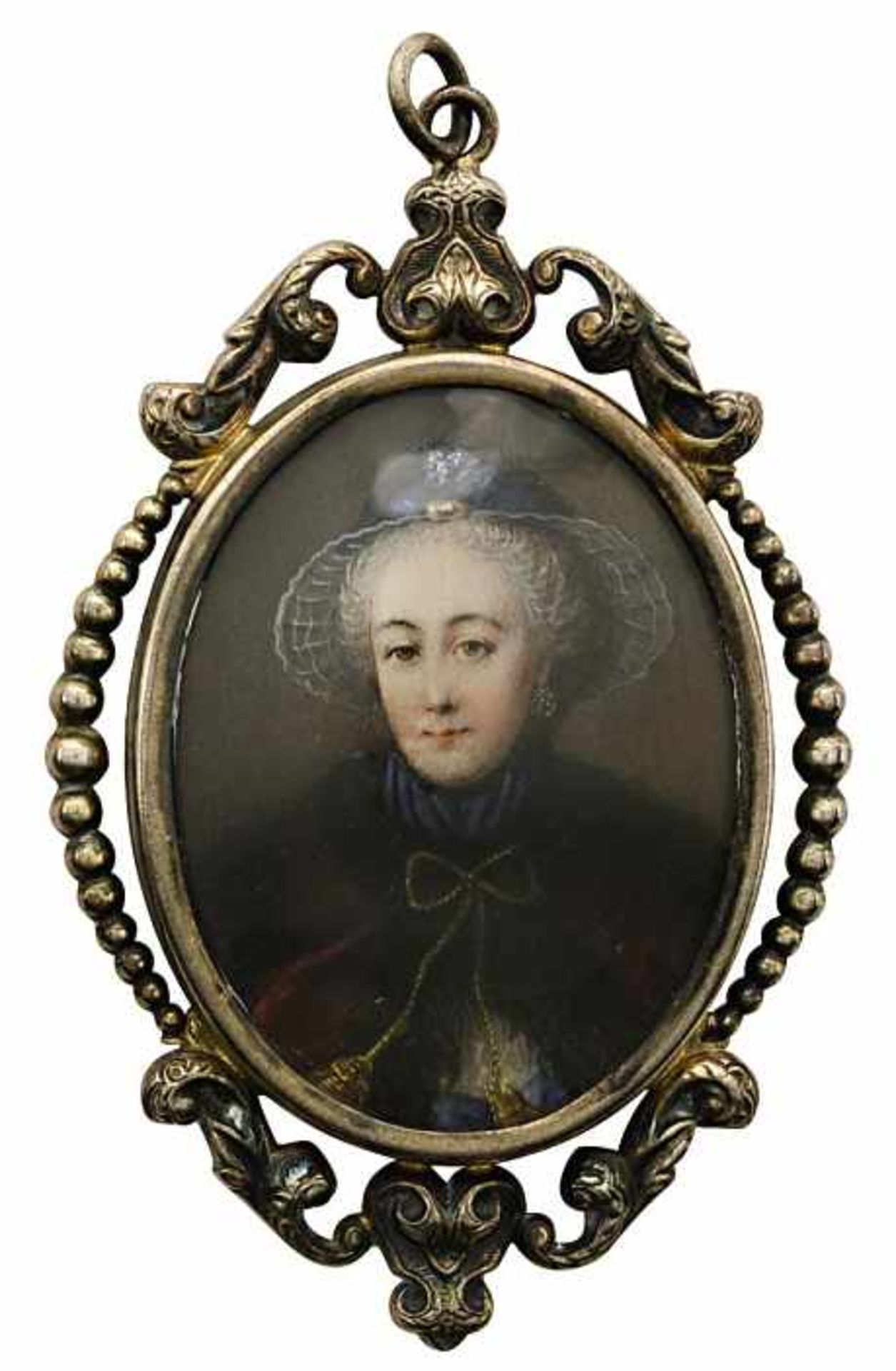 Porträt einer Dame mit Hut19. Jh. Aquarell und Deckfarben Ca. 5 x 3,8 cm (im Oval) Silberrahmen (