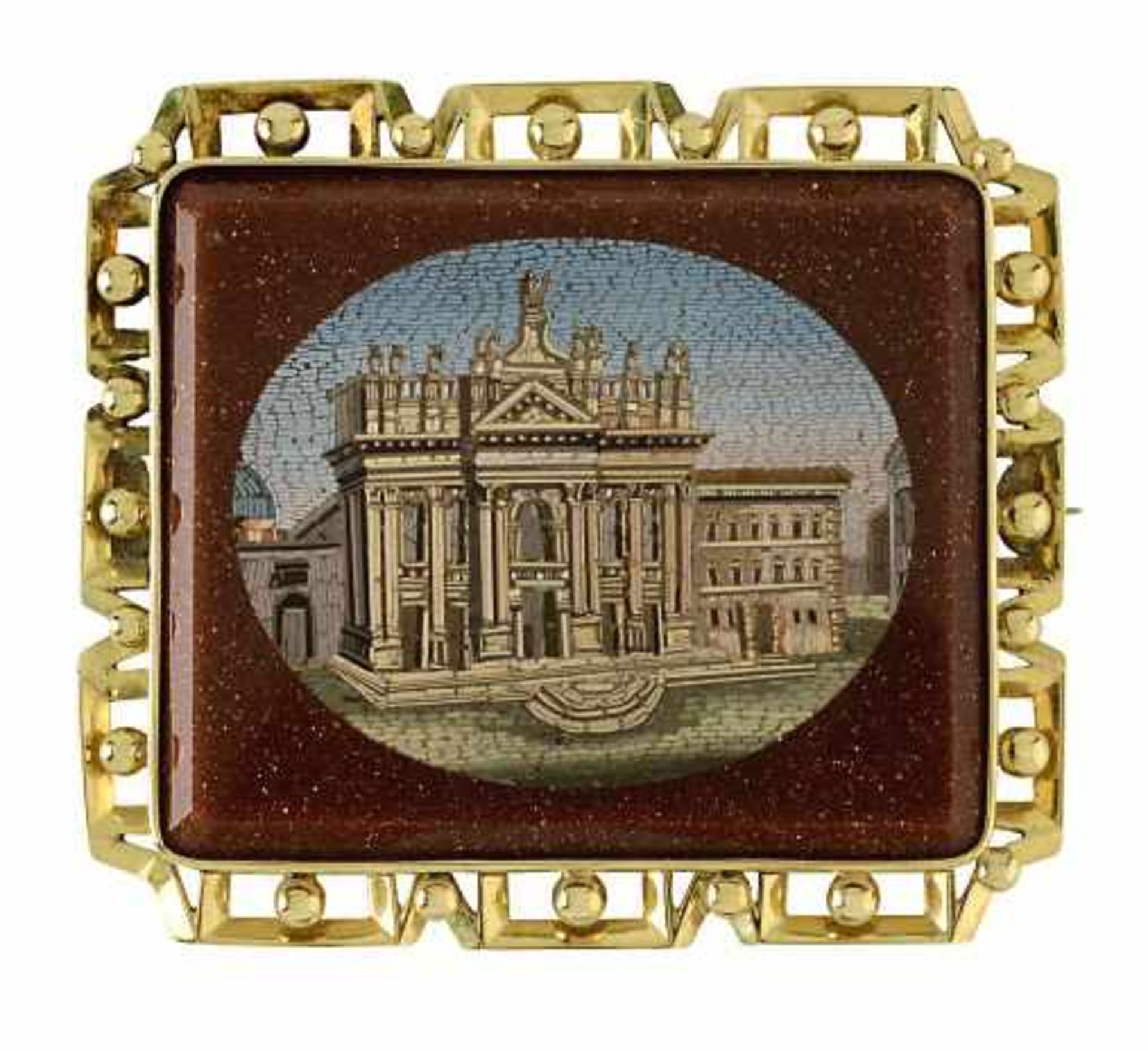 Brosche mit Mikromosaik: LateranbasilikaUm 1830 Montierung 14 K GG. Mikromosaik mit Vedute: