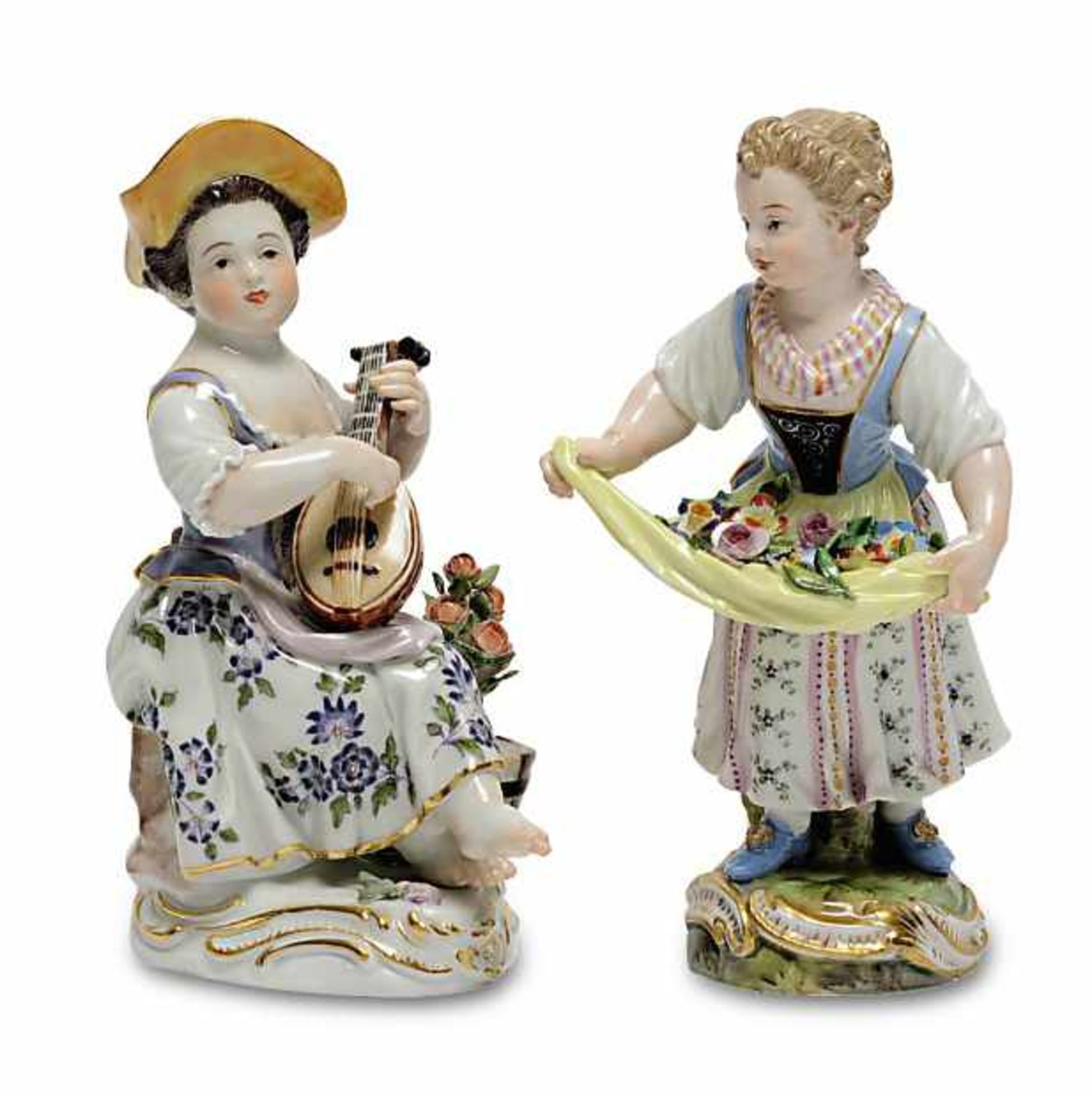 Zwei Gärtnerkinder: Mädchen mit Laute / Mädchen mit Blumen in der SchürzeMeissen, Entwürfe: Johann