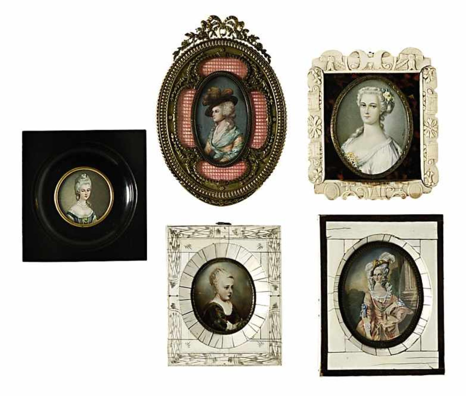 Lady Graham u.a.Fünf Miniaturen: Aquarell und Deckfarben tlw. auf fotografischer Grundlage. BA: Ø