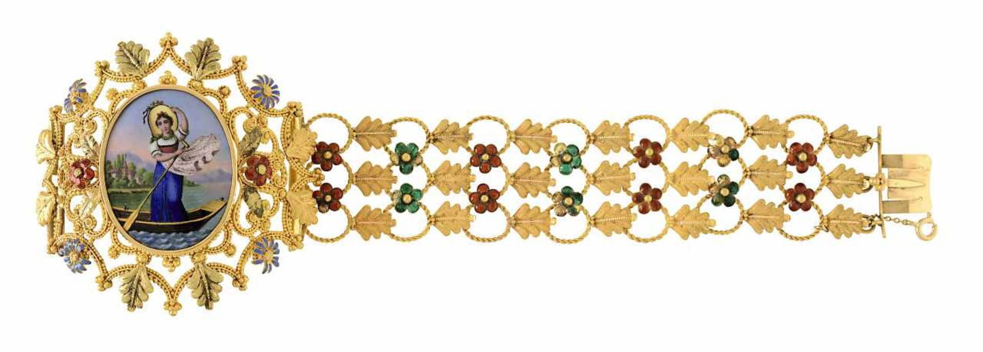 ArmbandSchweiz, um 1830 18 K GG. Armband, dreireihig filigran in Blüten- und Blattmotiven
