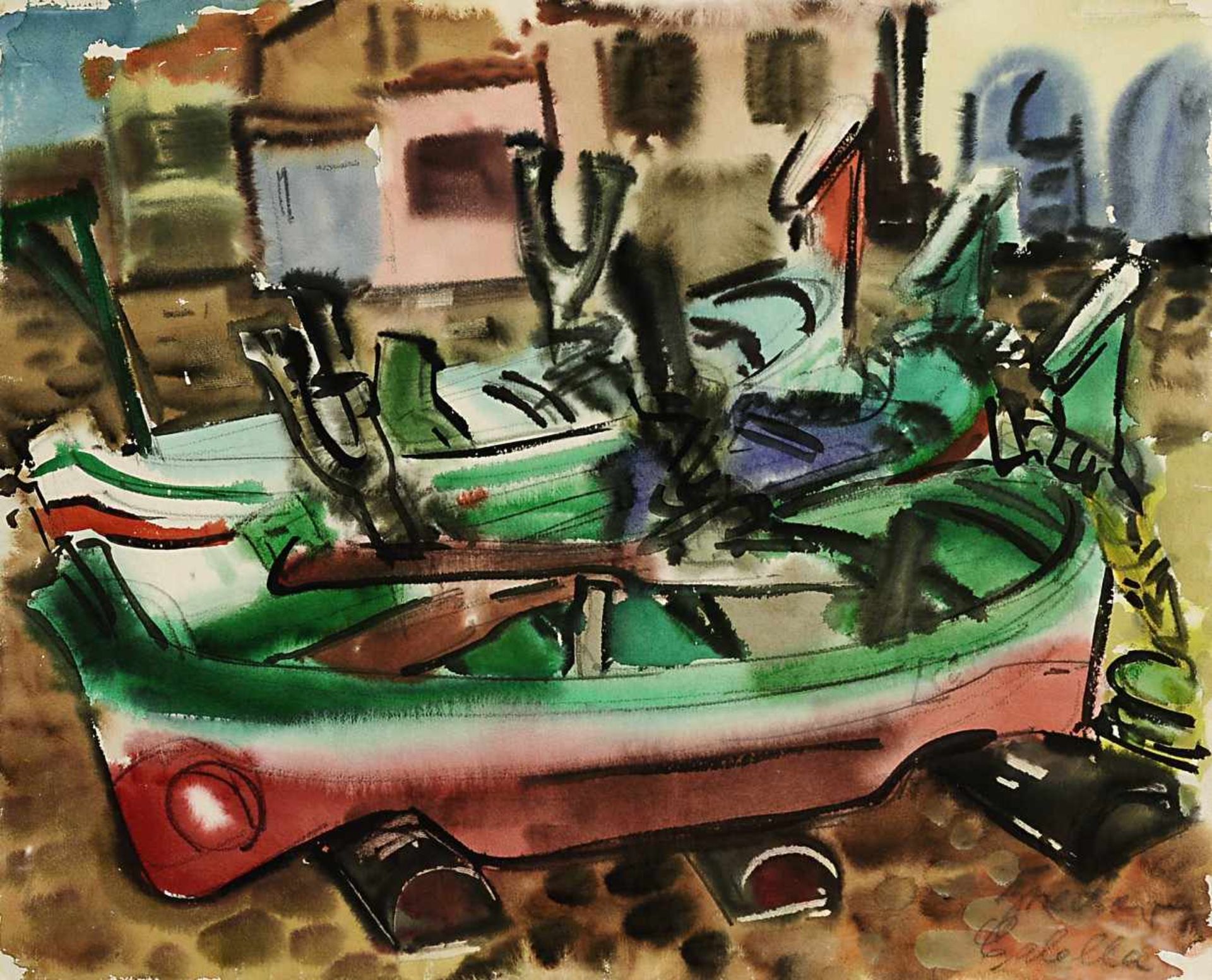 Bredow, Rudolf1909 Berlin - 1973 BremenBoote am Strand von CalellaAquarell 49 x 61 cm R. u.