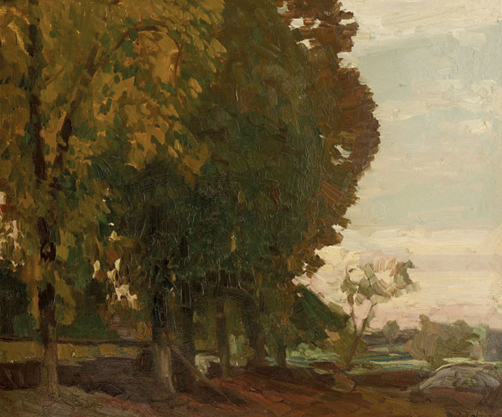 Palmié, Charles Johann 1863 Aschersleben - 1911 München Herbstliche Bäume im Park Öl / Karton 50,5 x