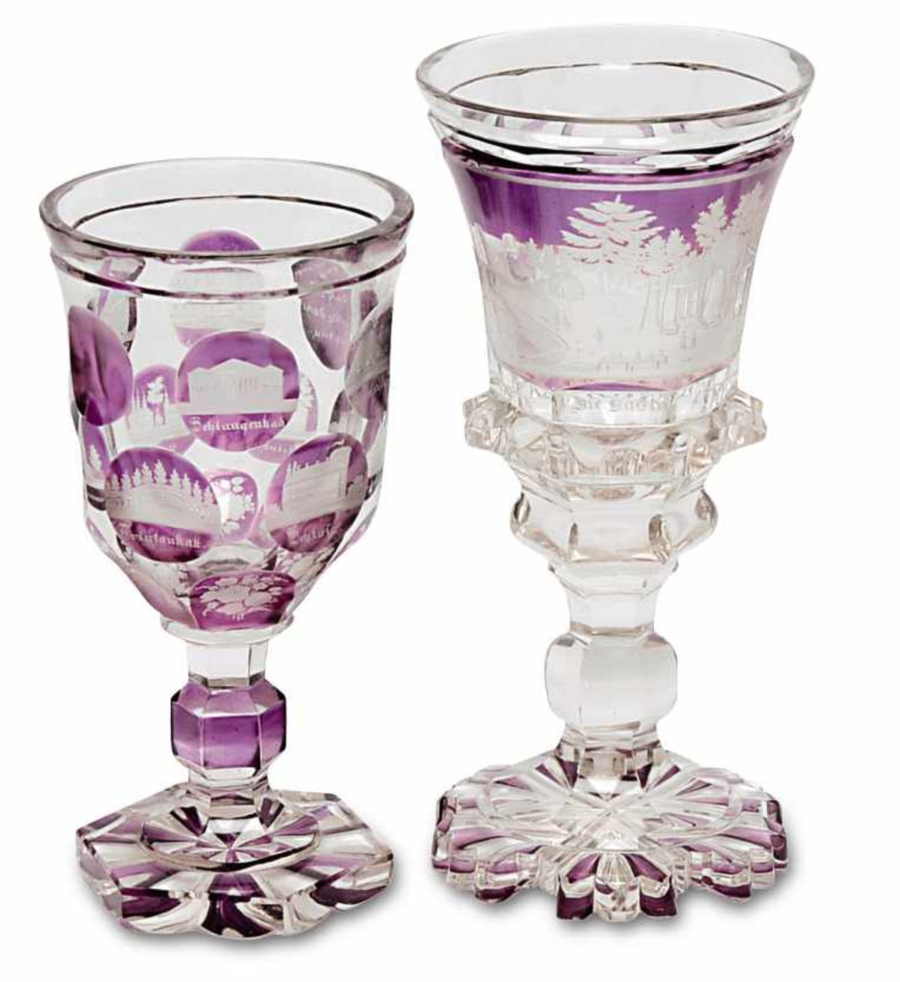 Zwei große PokaleBöhmen, 19. Jh. Farbloses Glas, violett lasiert, verschiedene Schliff- und