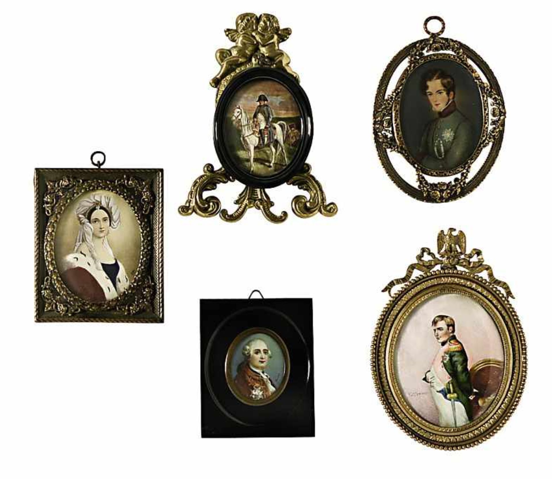 Napoleon u.a.Fünf Miniaturen u.a. auf fotografischer Grundlage. BA: 4,7 x 3,8 cm im Oval bis 9,5 x 8