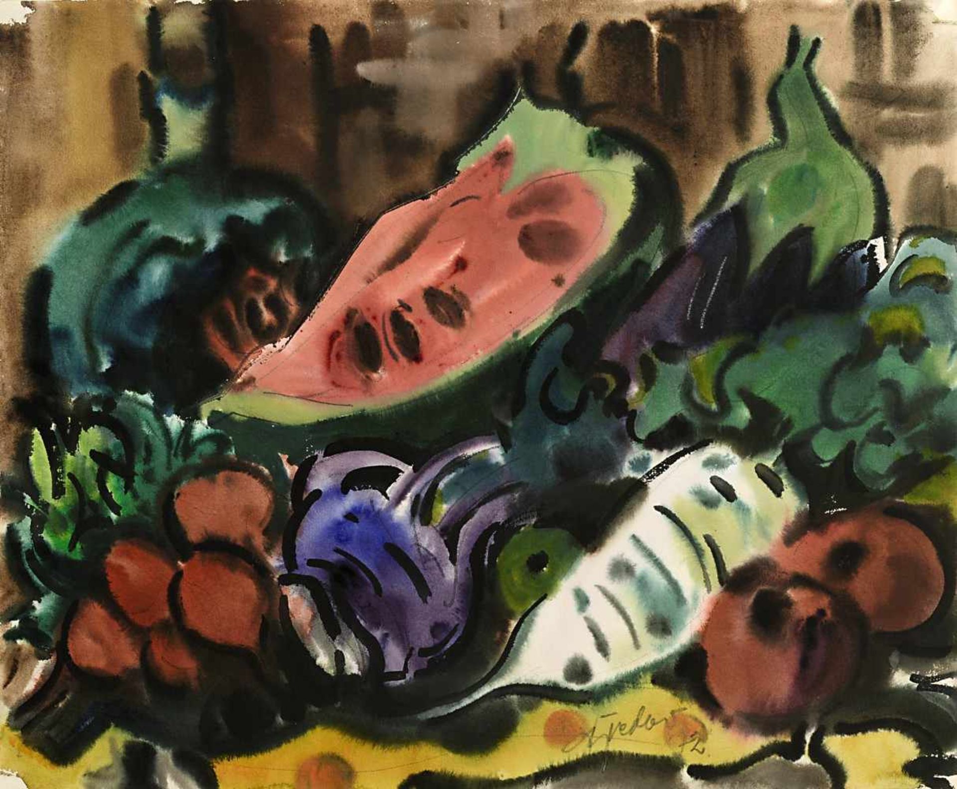 Bredow, Rudolf1909 Berlin - 1973 BremenStillleben mit Wassermelone und GemüseAquarell 49 x 61 cm