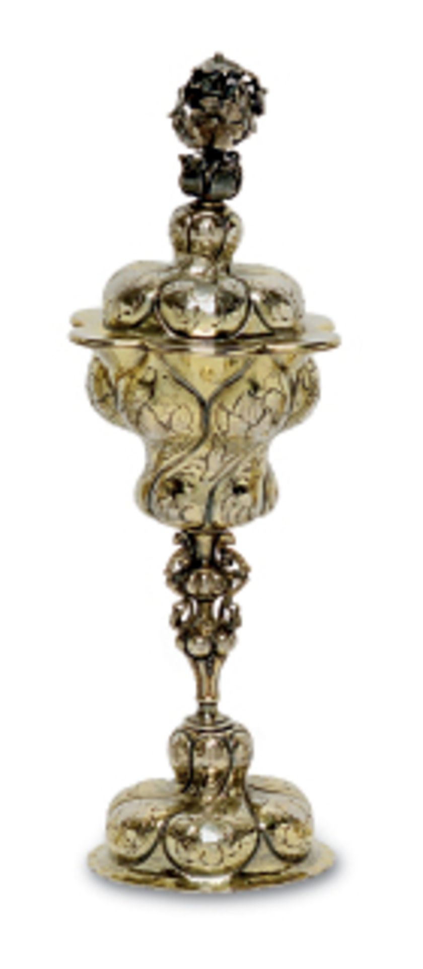 Kleiner Akelei-DeckelpokalIm Stil des 17. Jhs. Silber, teilvergoldet. Sechsfach gebuckelte,