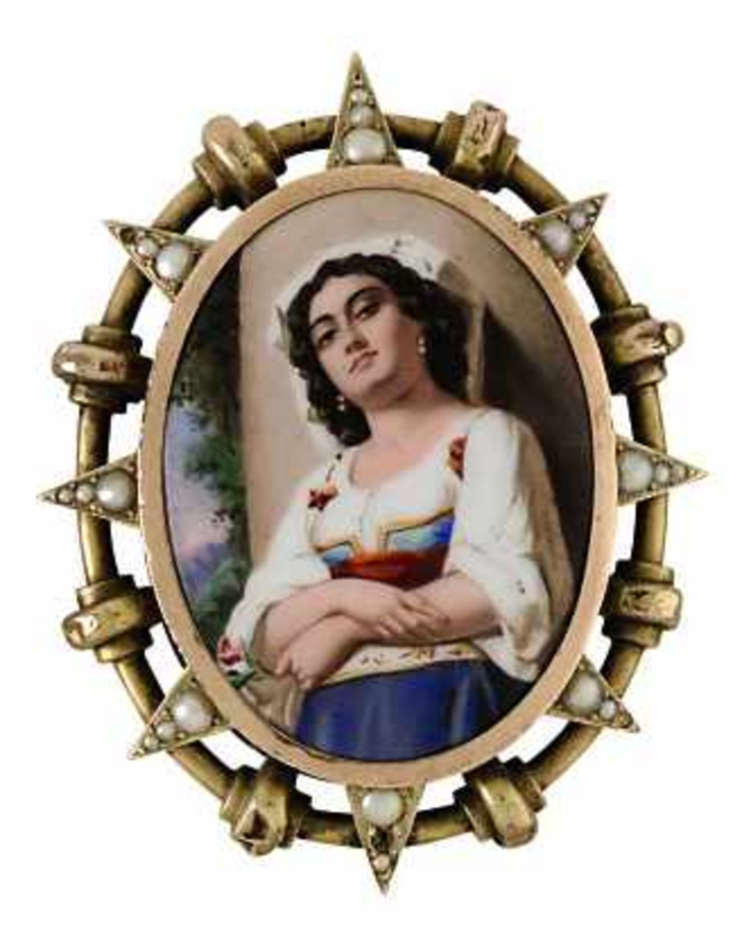 Brosche mit EmailmalereiUm 1890 14 K GG. Polychrome Emailminiatur mit Brustbild einer Italienerin.