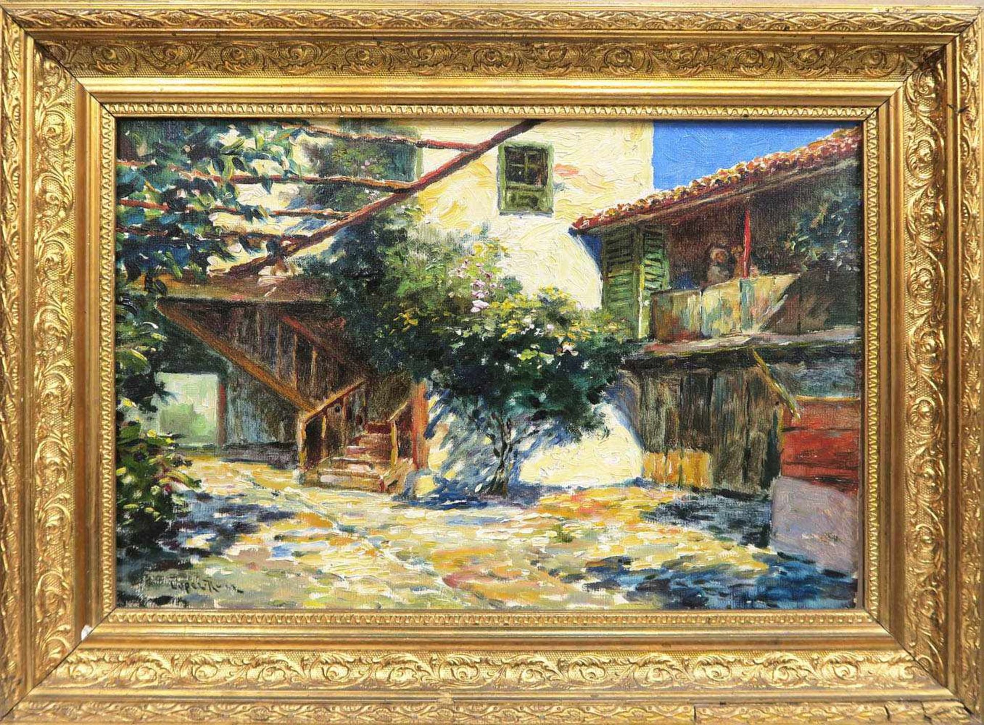 Lopez Ruiz, Manuel 1873 - 1961 Innenhof Öl/Lwd. 30 x 45,5 cm. L. u. signiert. Rahmen. - Bild 2 aus 2