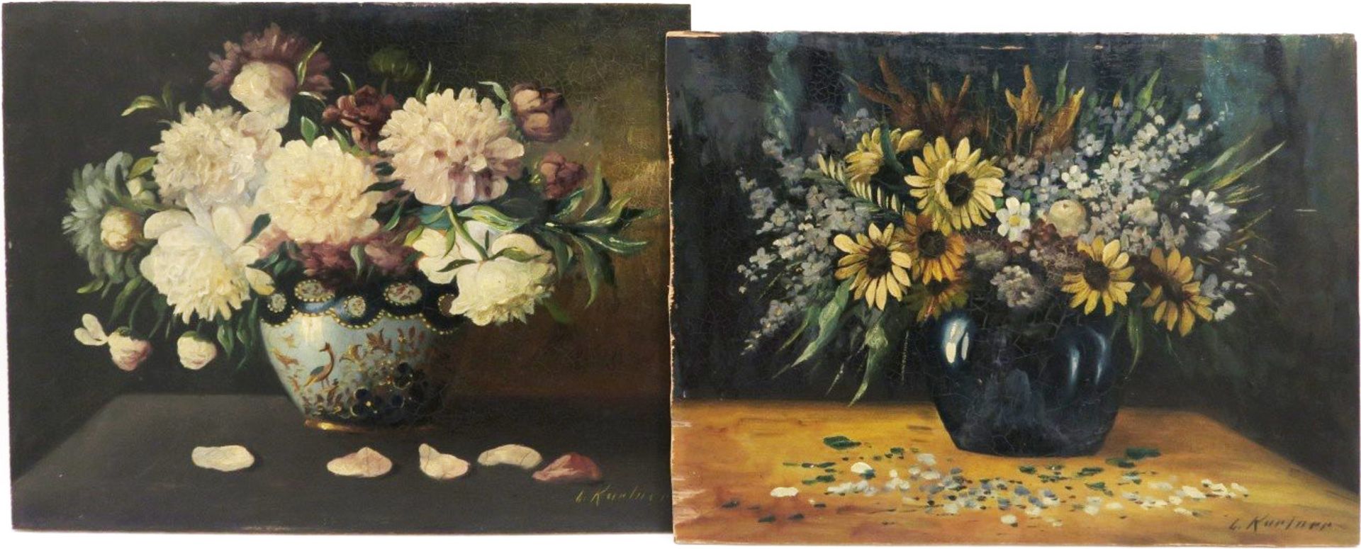 Kurtner, L. 19./20. Jh. Blumenstillleben Zwei Gemälde. Öl/Holz. 29 x 38 cm bzw. 30 x 38 cm. R. u.