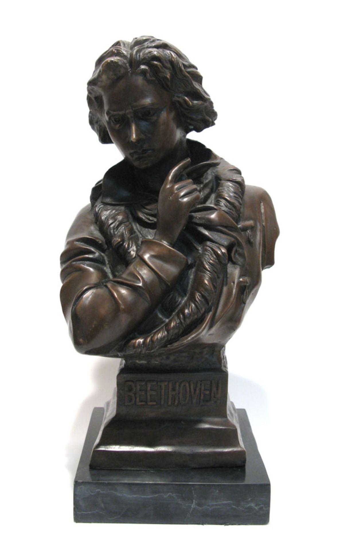 Ludwig van BeethovenBronze, braun patiniert (nach Andre F. Trupheme). Marmorplinthe. H. 40 cm. - Image 2 of 2