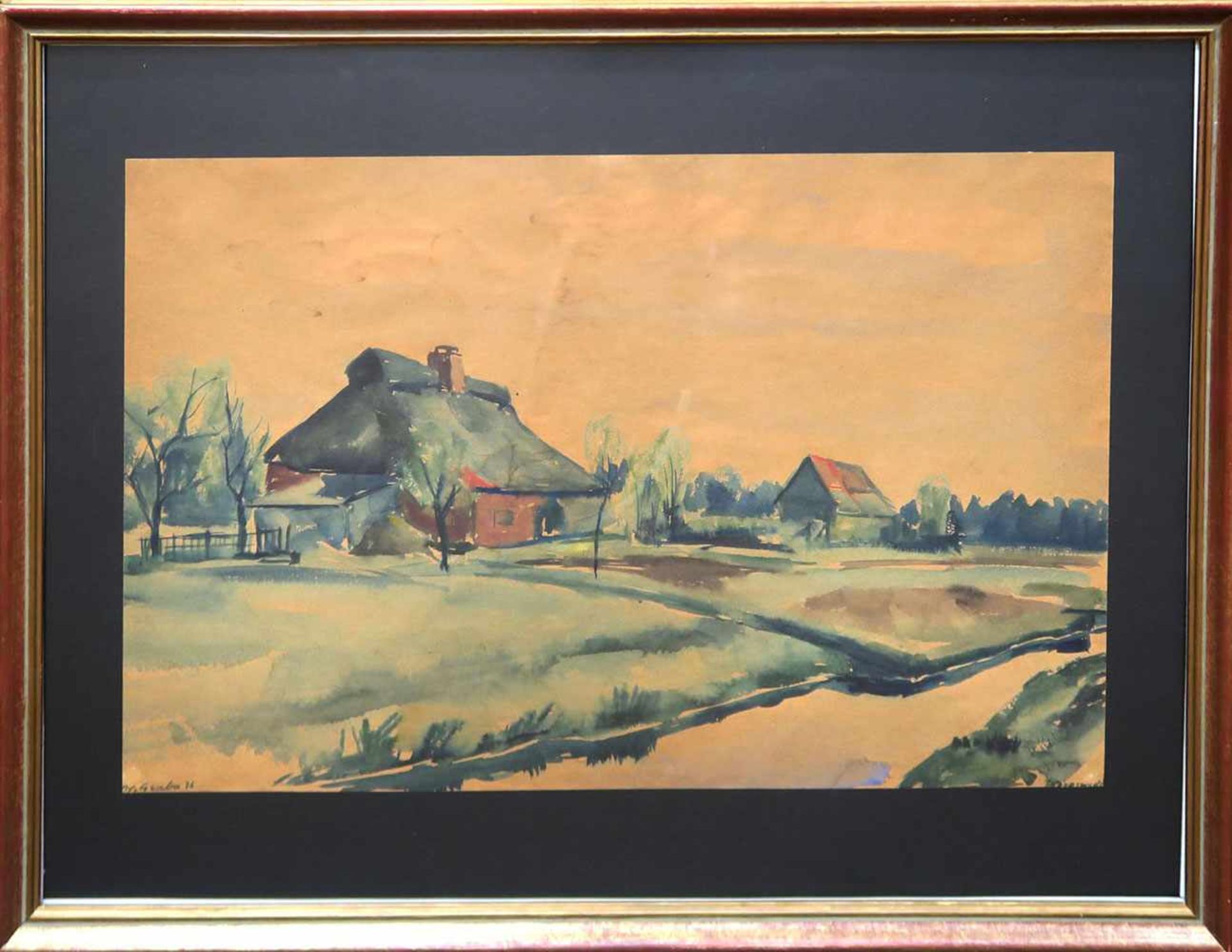 Graba, Willy 1894 Wesselburen - 1973 Hallig Langeneß Landschaft mit Bauernhäusern Aquarell. 32,5 x - Bild 2 aus 2